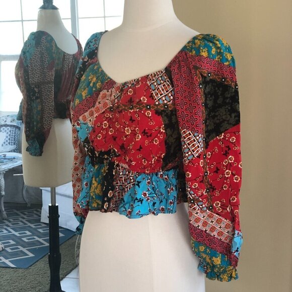 Off Shoulder Ruffle Patchwork Ruffle Crop Top Large - Picture 2 of 10